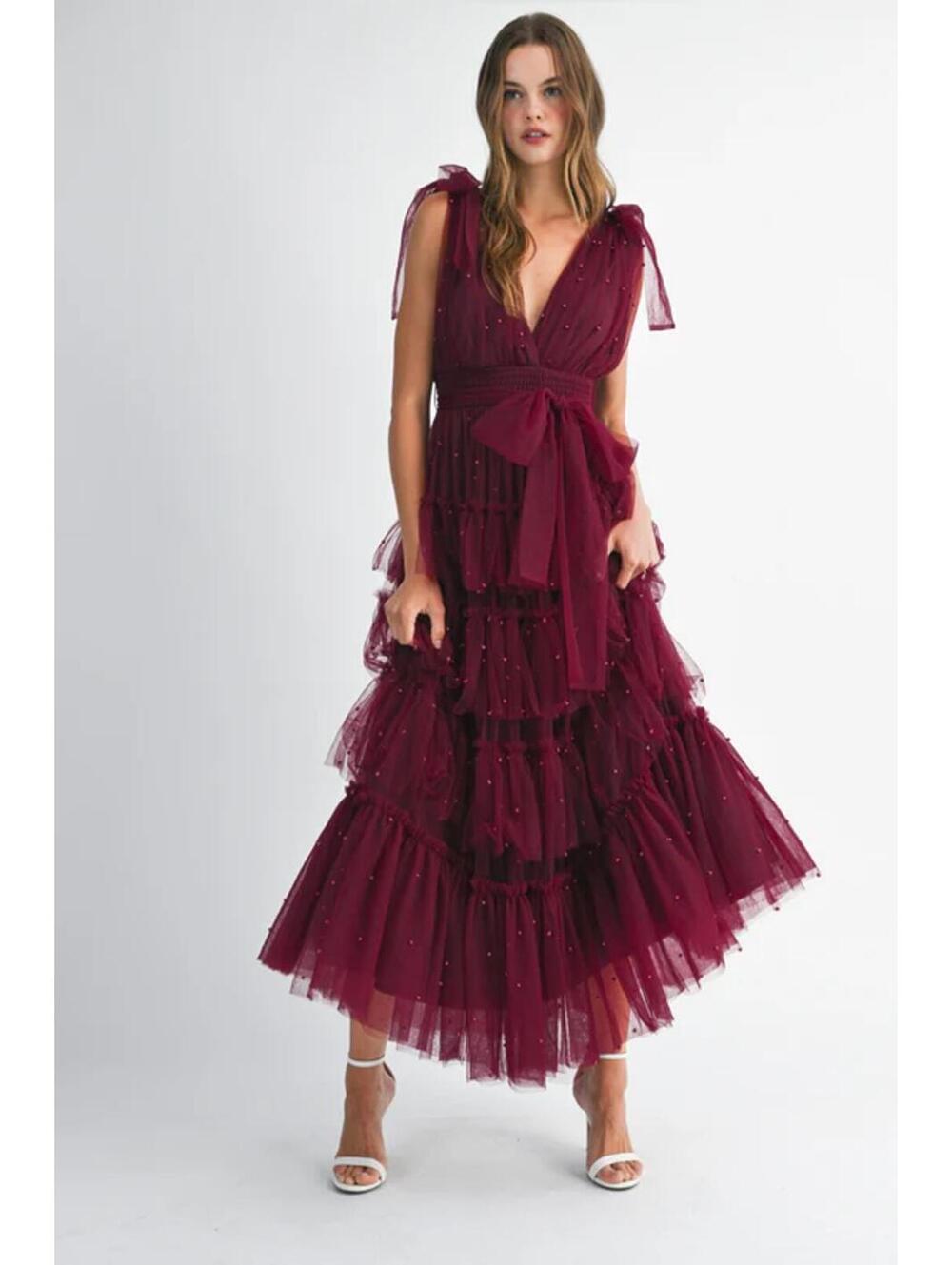 Burgundy Tiered Pearl Wedding Dress Guest Fashion Small